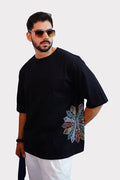 Flower Printed Oversized Black Shirt - Raah.pk