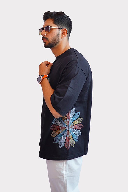 Flower Printed Oversized Black Shirt - Raah.pk