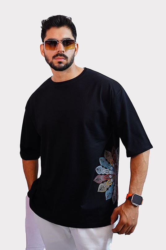 Flower Printed Oversized Black Shirt - Raah.pk