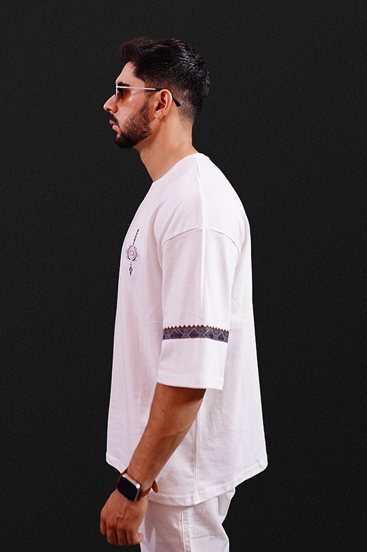 Oversized White Shirt with Arrow Print & Heritage - Inspired Sleeve Prints - Raah.pk