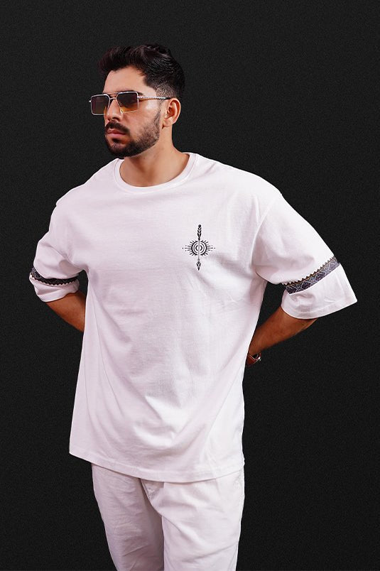 Oversized White Shirt with Arrow Print & Heritage - Inspired Sleeve Prints - Raah.pk